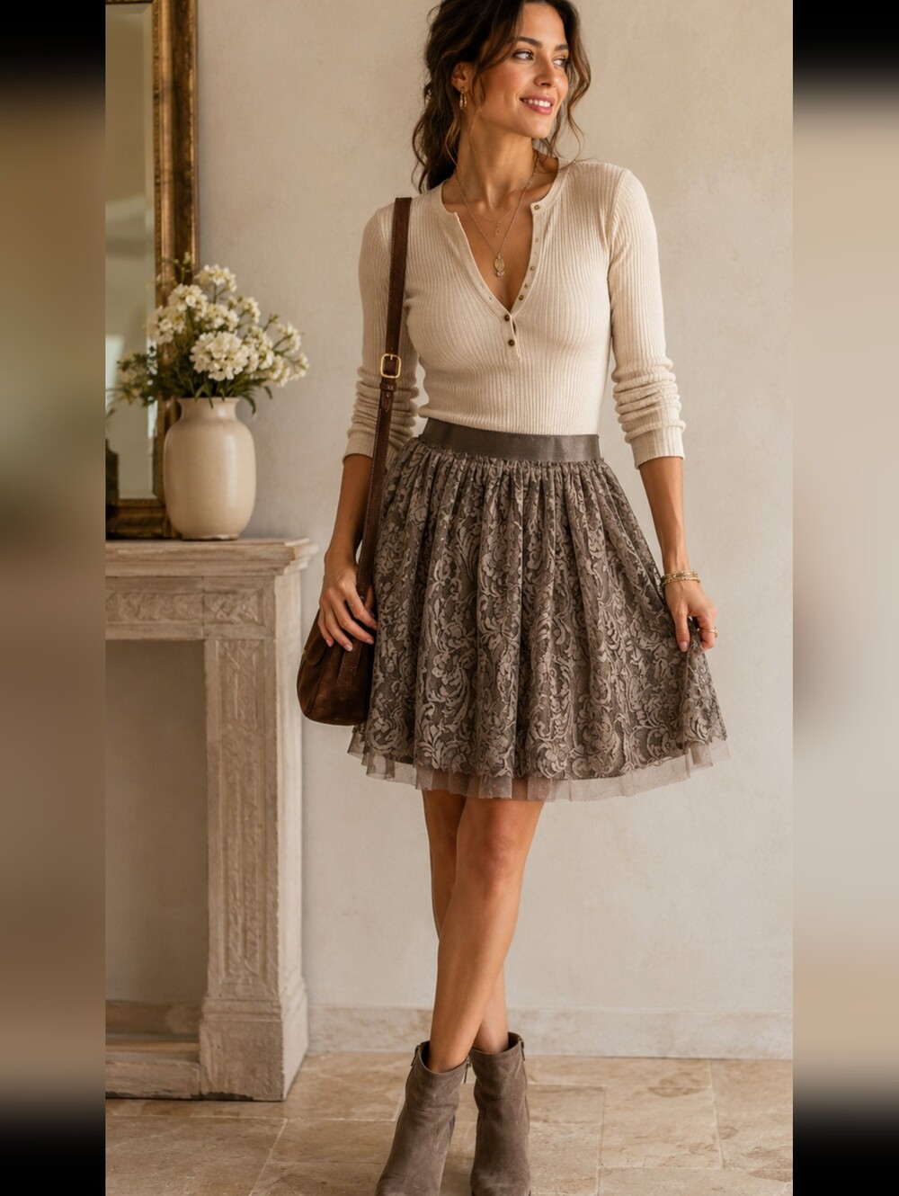 NANA NUCCI women's skirt Size 3 Boho Peasant elastic Waist Lace gray $292 NEW